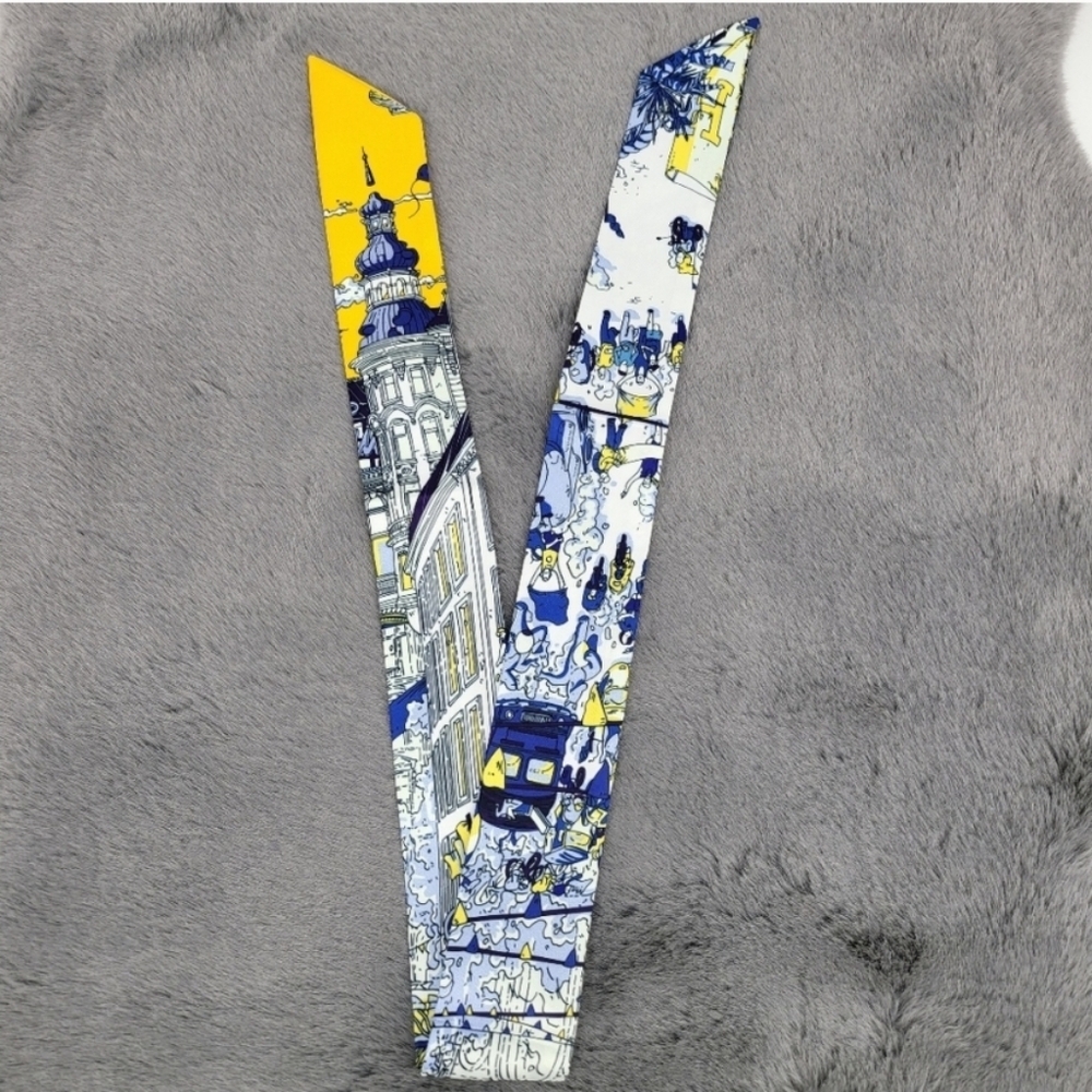 New Tower Print Silk Skinny Scarf Twilly - Picture 5 of 6